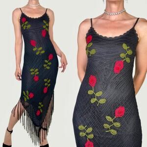 Cache crochet beaded rose floral embroidered maxi dress cocktail fringe hem S